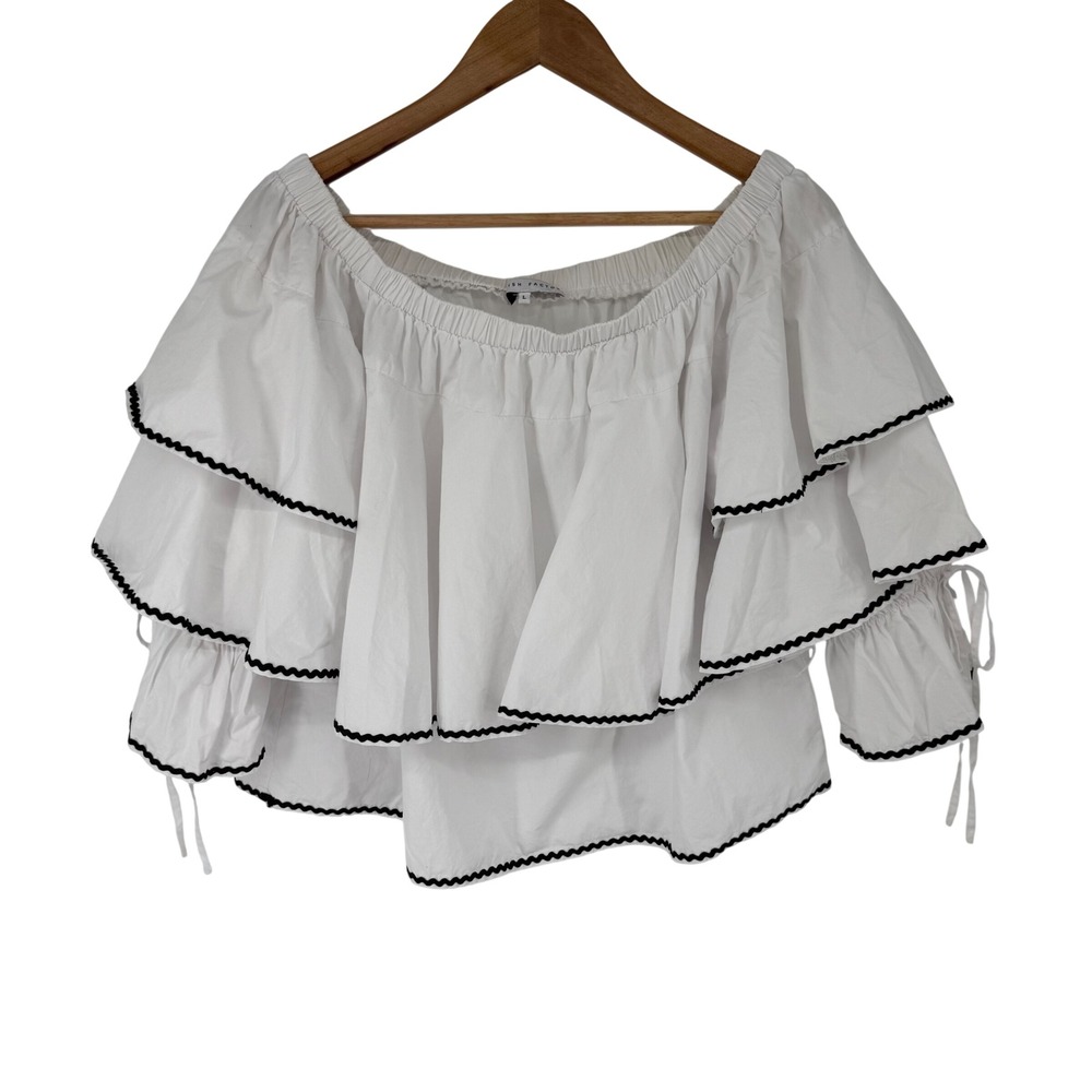 English Factory Ruffle Top Womens L White Ric Rac Off Shoulder Tie Sleeve